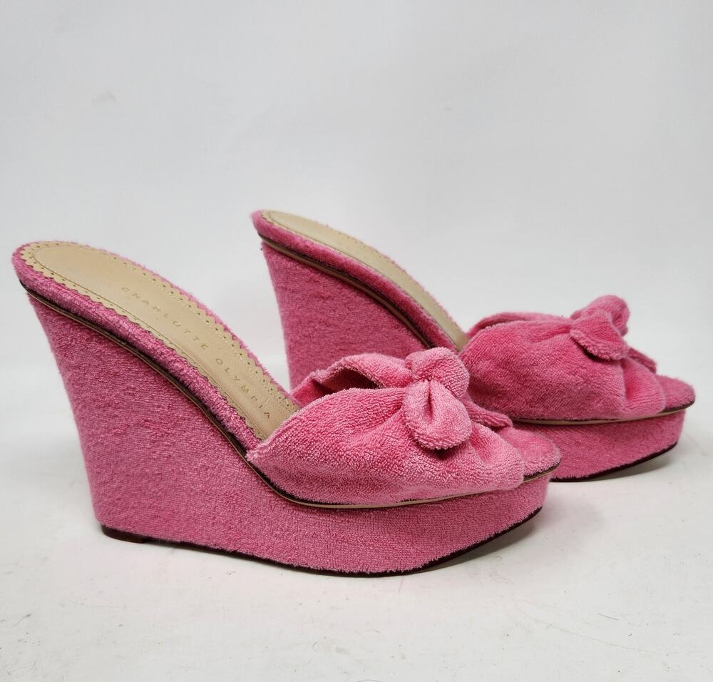 CHARLOTTE OLYMPIA Jayne Pink Terry Cloth Bow Slide Platform Wedge Sandals 7.5